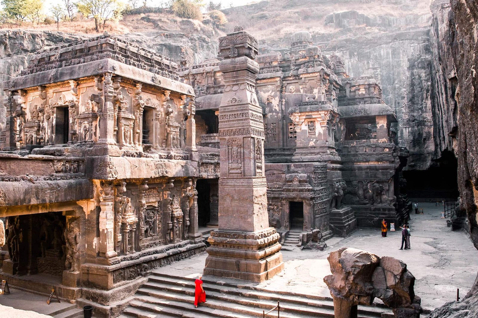 Intricately carved rock structures in Ajanta Caves